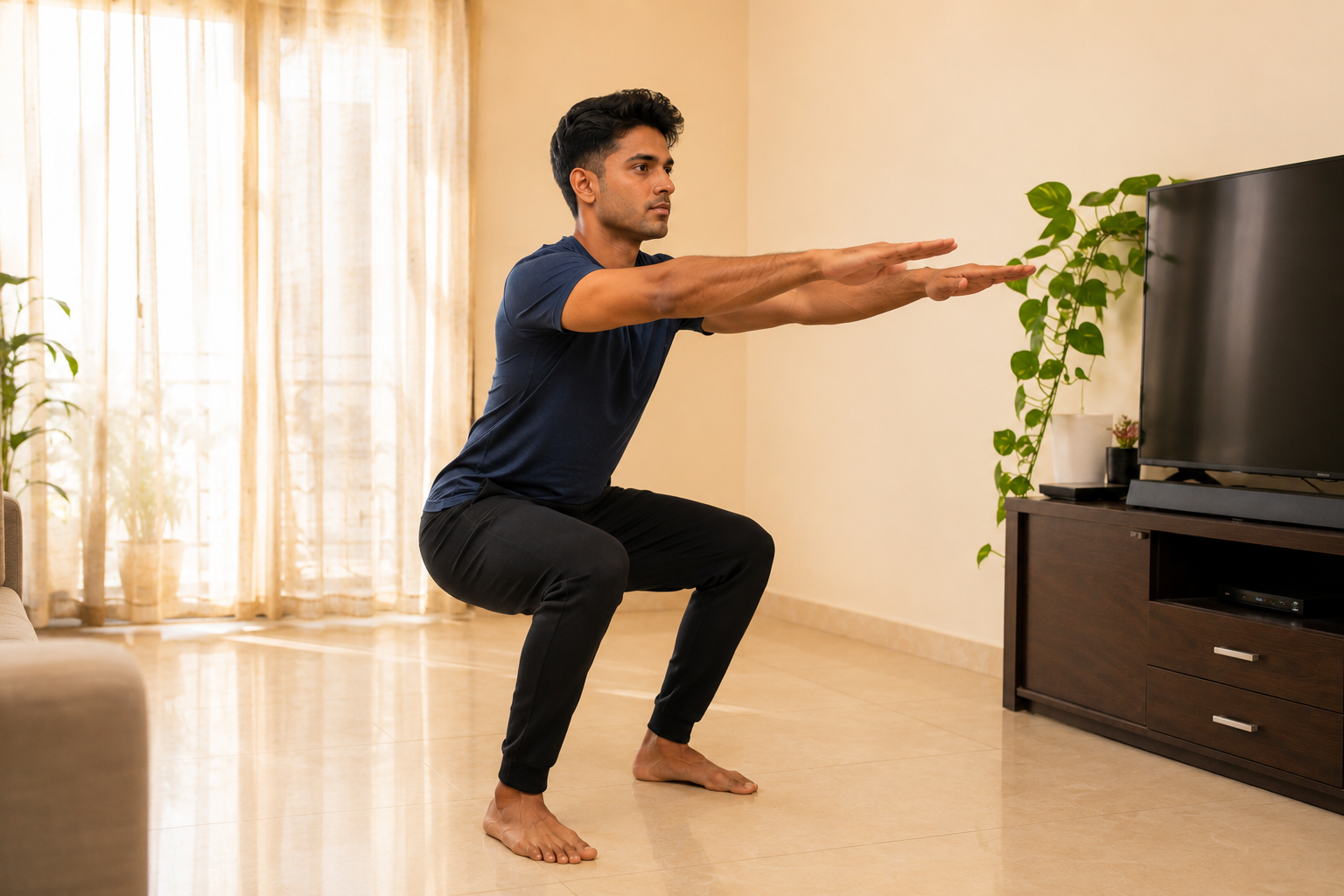 Beginner performing bodyweight squats as part of a 4-week home workout plan for beginners