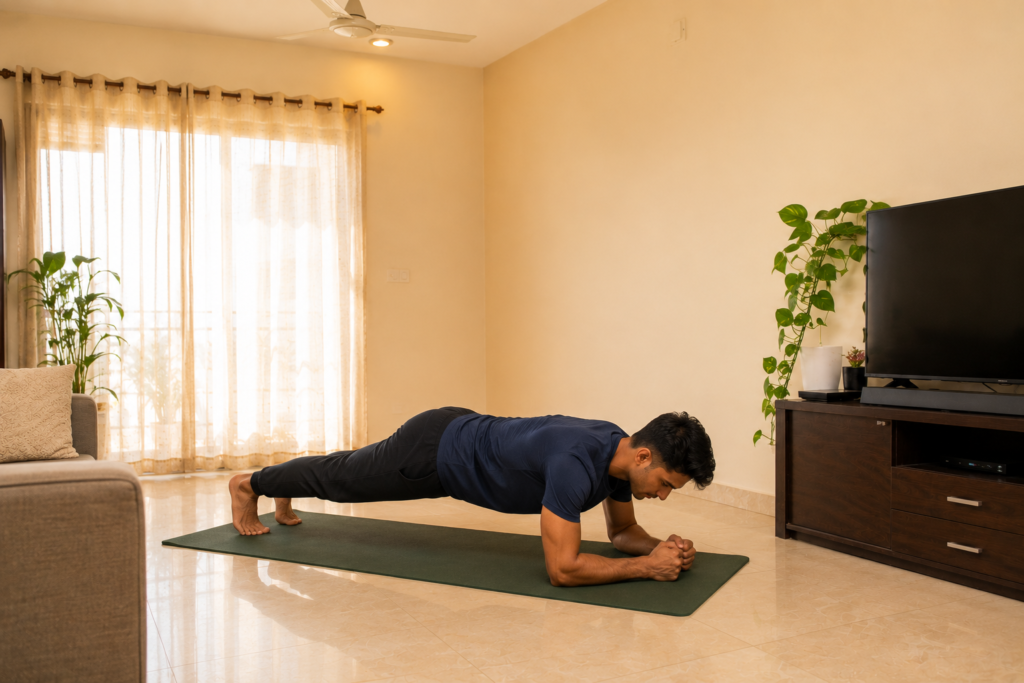 Beginner doing a plank hold at home as part of a no-equipment workout plan