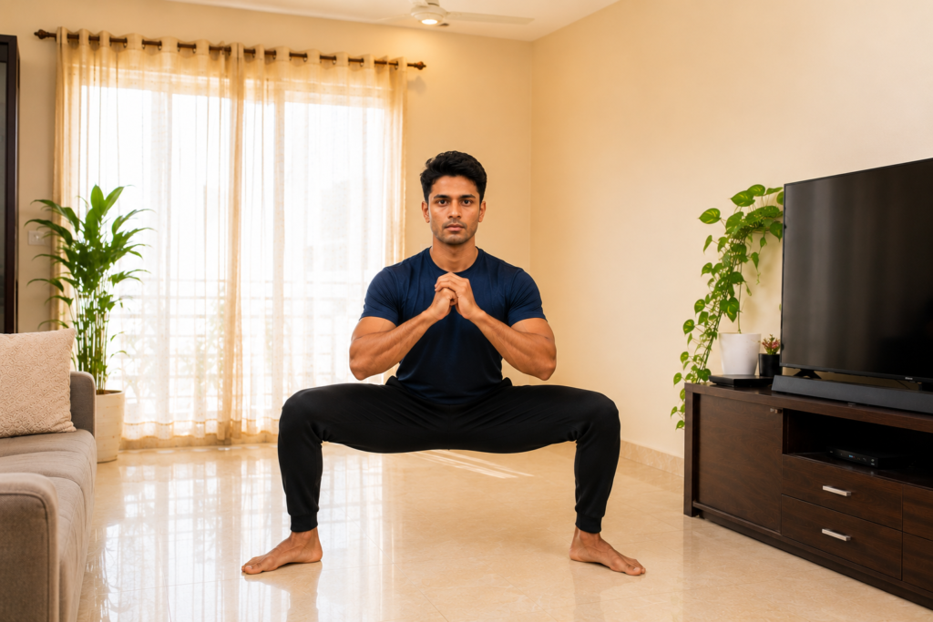 Person doing sumo squats at home — week 3 of a beginner home workout plan